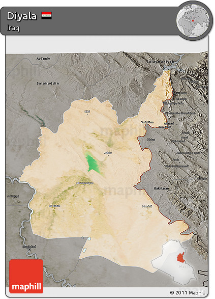 Satellite 3D Map of Diyala, darken, semi-desaturated
