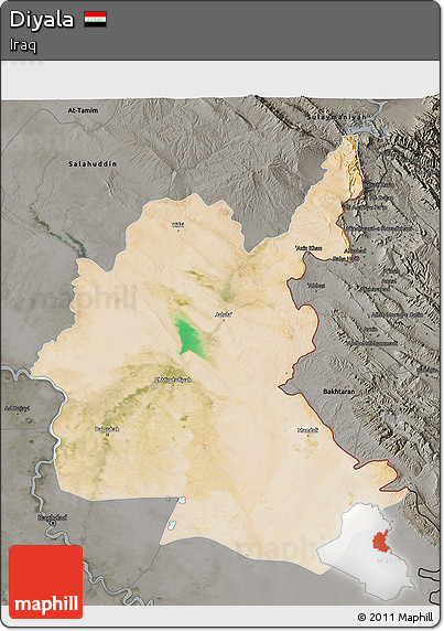 Satellite 3D Map of Diyala, darken, semi-desaturated