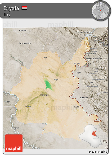 Satellite 3D Map of Diyala, semi-desaturated