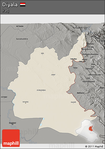 Shaded Relief 3D Map of Diyala, darken, semi-desaturated