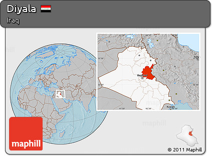 Gray Location Map of Diyala, highlighted country, hill shading