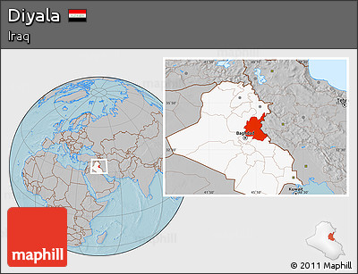 Gray Location Map of Diyala, highlighted country, hill shading