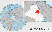 Gray Location Map of Diyala, highlighted country, hill shading