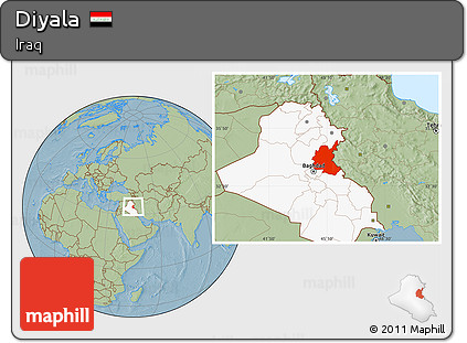 Savanna Style Location Map of Diyala, highlighted country, hill shading