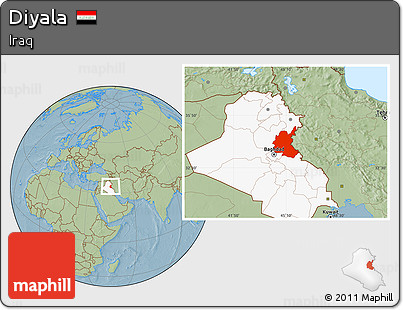 Savanna Style Location Map of Diyala, highlighted country, hill shading