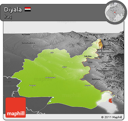 Physical Panoramic Map of Diyala, darken, desaturated
