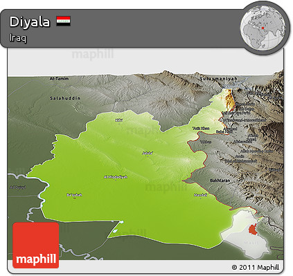 Physical Panoramic Map of Diyala, darken, semi-desaturated