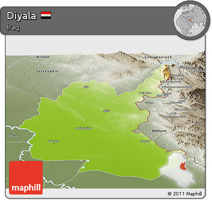 Physical Panoramic Map of Diyala, semi-desaturated