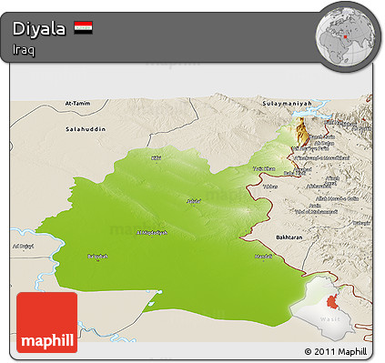 Physical Panoramic Map of Diyala, shaded relief outside