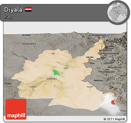 Satellite Panoramic Map of Diyala, darken, semi-desaturated