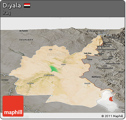 Satellite Panoramic Map of Diyala, darken, semi-desaturated