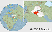 Savanna Style Location Map of Karbala, highlighted country, within the entire country, hill shading