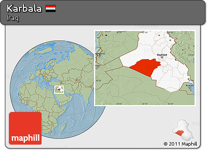 Savanna Style Location Map of Karbala, highlighted country, hill shading