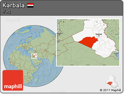Savanna Style Location Map of Karbala, highlighted country, hill shading