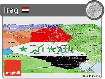 Flag Panoramic Map of Iraq, political shades outside