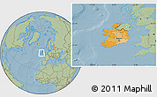 Political Location Map of Ireland, savanna style outside, hill shading