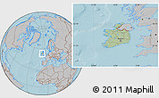 Savanna Style Location Map of Ireland, gray outside, hill shading