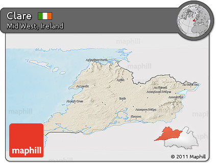 Shaded Relief 3D Map of Clare, single color outside