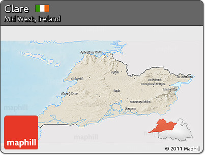 Shaded Relief 3D Map of Clare, single color outside