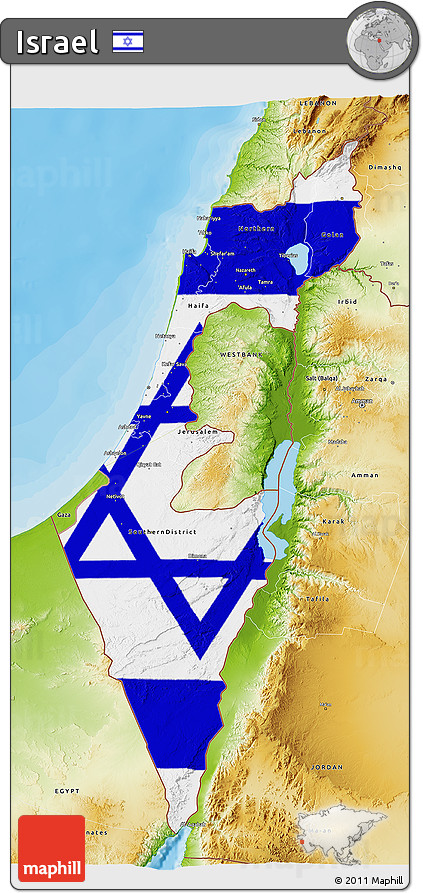 Flag 3D Map of Israel, physical outside, bathymetry sea, flag centered