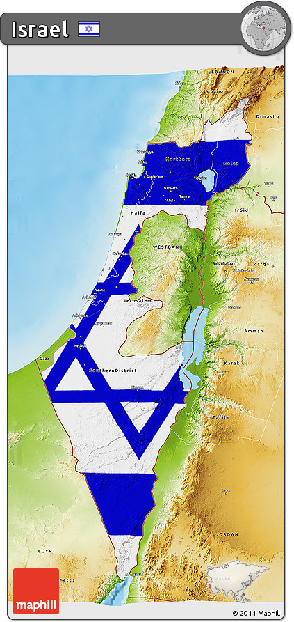 Flag 3D Map of Israel, physical outside, flag centered