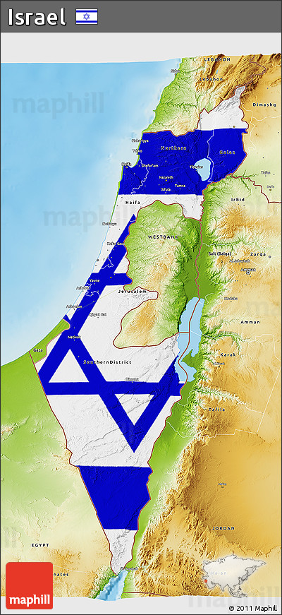 Flag 3D Map of Israel, physical outside, flag centered