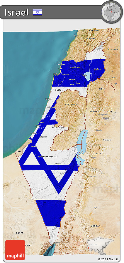 Flag 3D Map of Israel, satellite outside, flag centered