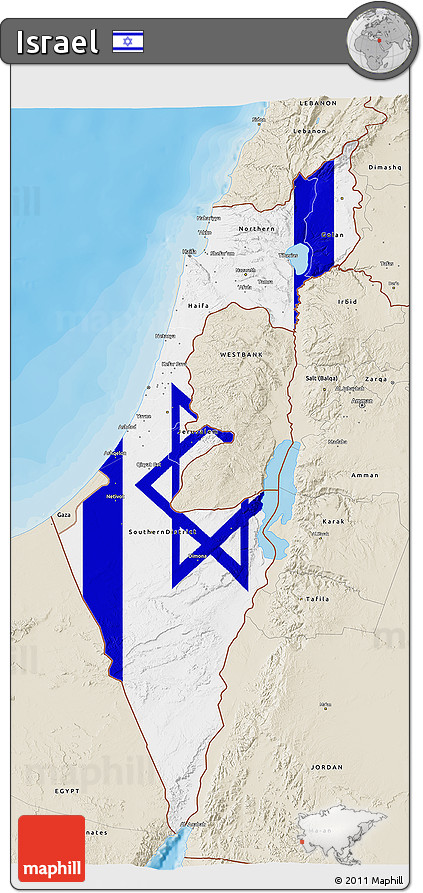 Flag 3D Map of Israel, shaded relief outside, bathymetry sea, flag rotated