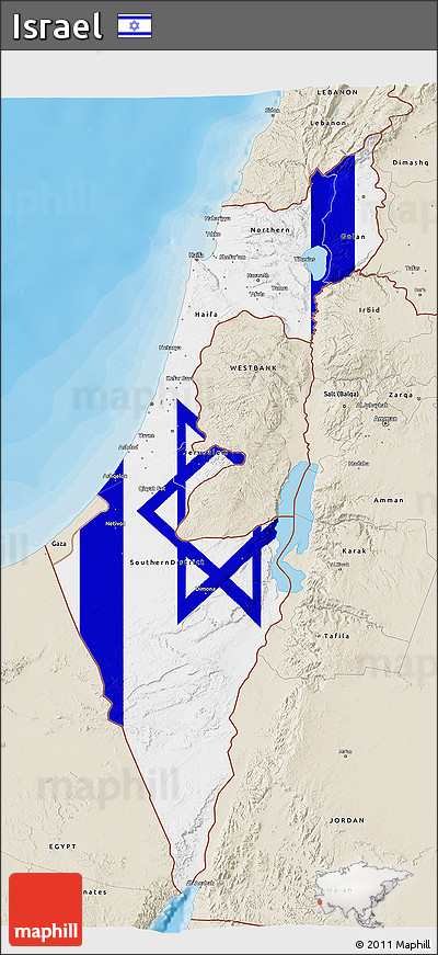 Flag 3D Map of Israel, shaded relief outside, bathymetry sea, flag rotated