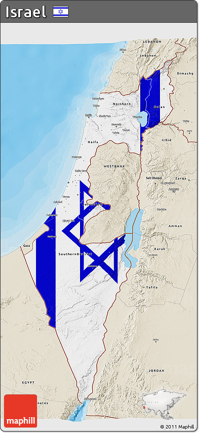 Flag 3D Map of Israel, shaded relief outside, bathymetry sea, flag rotated