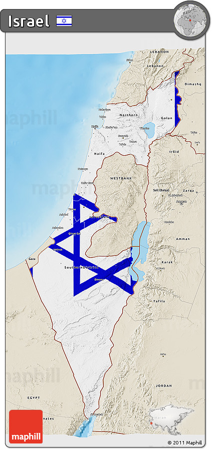 Flag 3D Map of Israel, shaded relief outside, flag aligned to the middle