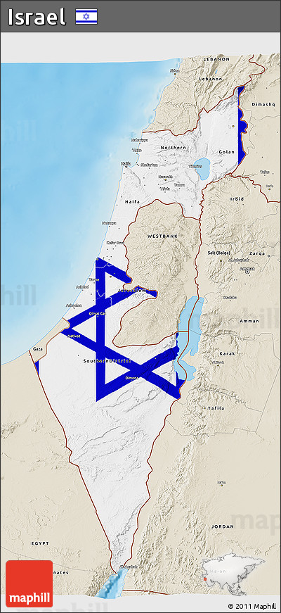 Flag 3D Map of Israel, shaded relief outside, flag aligned to the middle