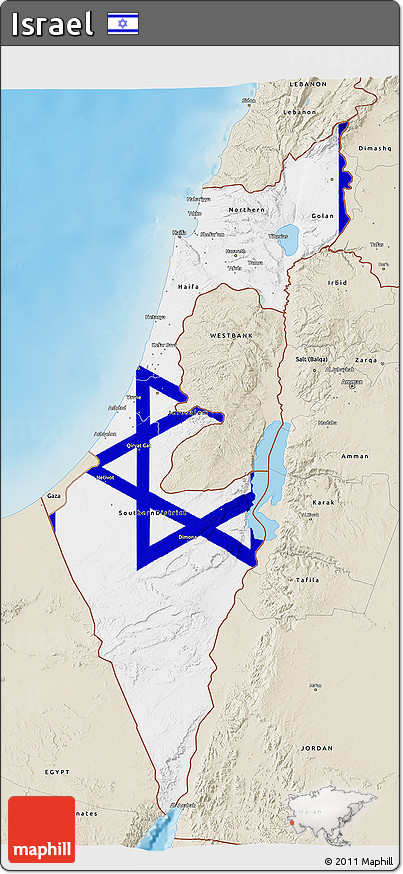 Flag 3D Map of Israel, shaded relief outside, flag aligned to the middle