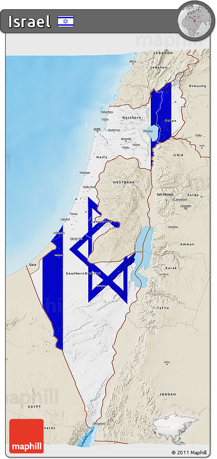 Flag 3D Map of Israel, shaded relief outside, flag rotated
