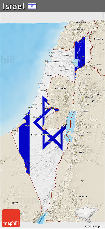 Flag 3D Map of Israel, shaded relief outside, flag rotated