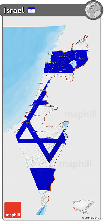 Flag 3D Map of Israel, single color outside, bathymetry sea, shaded relief sea, flag centered