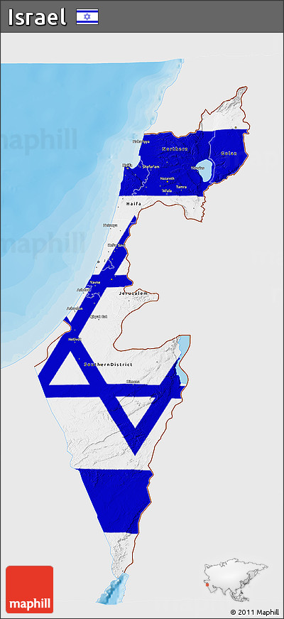 Flag 3D Map of Israel, single color outside, bathymetry sea, shaded relief sea, flag centered