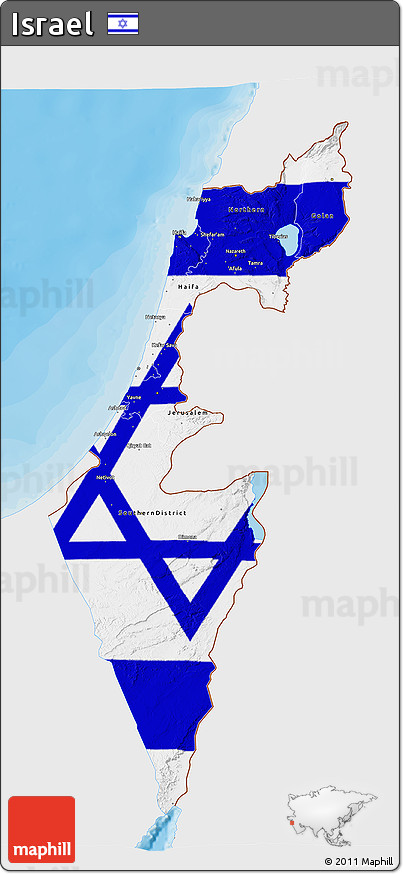Flag 3D Map of Israel, single color outside, bathymetry sea, shaded relief sea, flag centered
