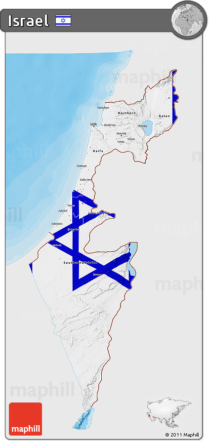 Flag 3D Map of Israel, single color outside, bathymetry sea, shaded relief sea, flag aligned to the middle