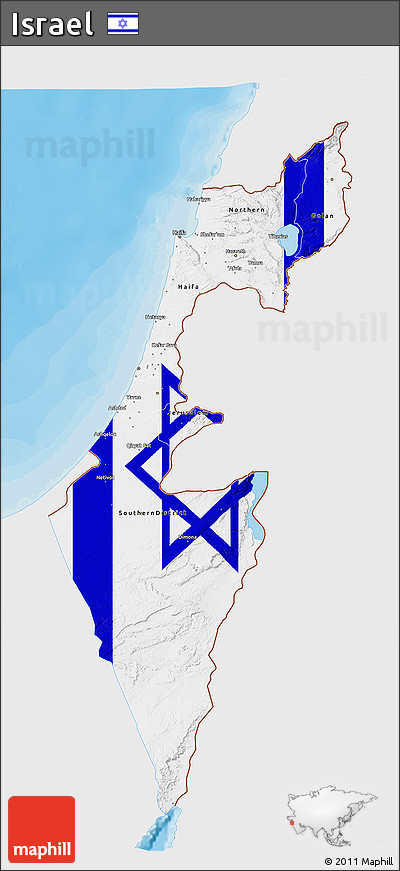 Flag 3D Map of Israel, single color outside, bathymetry sea, shaded relief sea, flag rotated