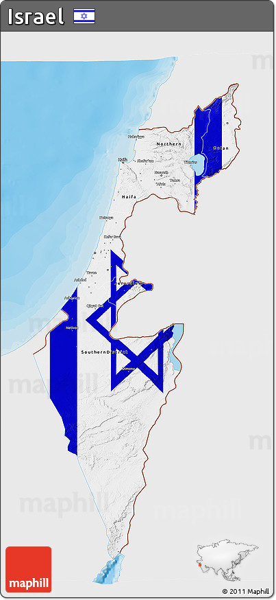 Flag 3D Map of Israel, single color outside, bathymetry sea, shaded relief sea, flag rotated
