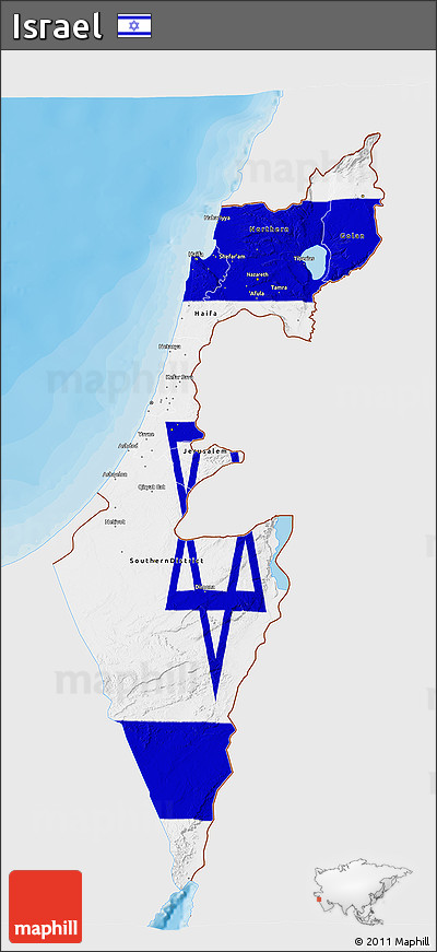 Flag 3D Map of Israel, single color outside, bathymetry sea, shaded relief sea