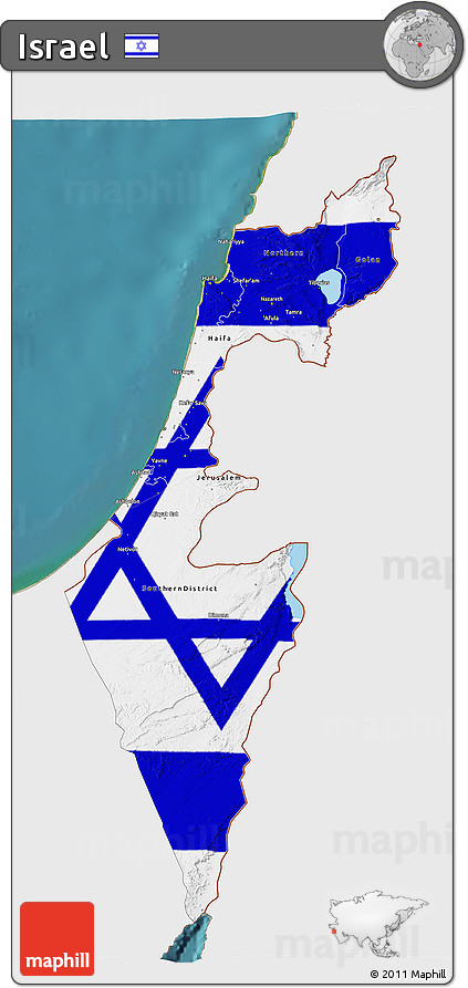 Flag 3D Map of Israel, single color outside, satellite sea, flag centered