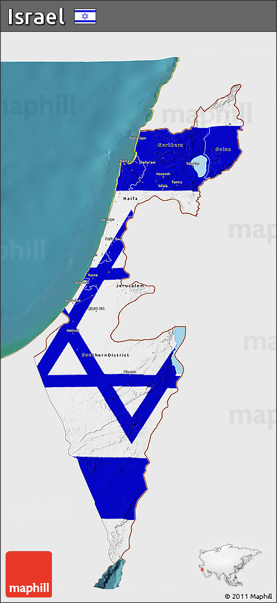Flag 3D Map of Israel, single color outside, satellite sea, flag centered