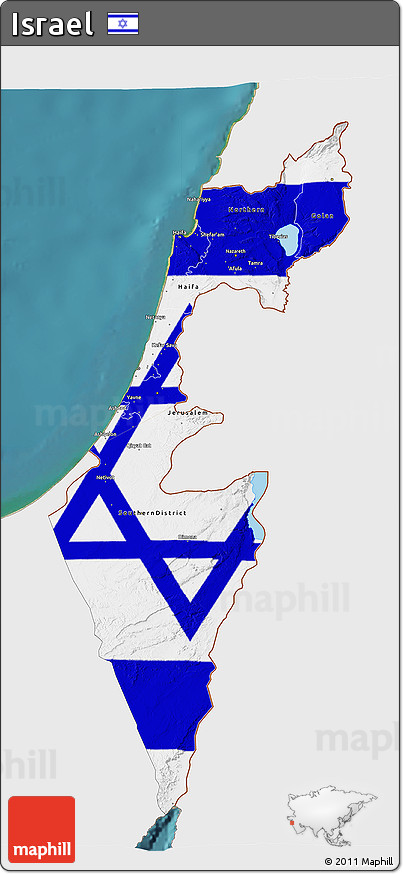 Flag 3D Map of Israel, single color outside, satellite sea, flag centered
