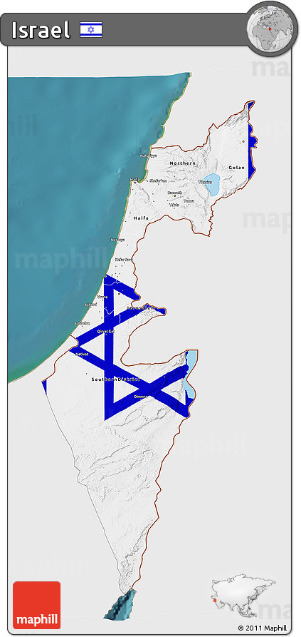 Flag 3D Map of Israel, single color outside, satellite sea, flag aligned to the middle