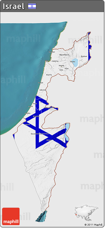 Flag 3D Map of Israel, single color outside, satellite sea, flag aligned to the middle