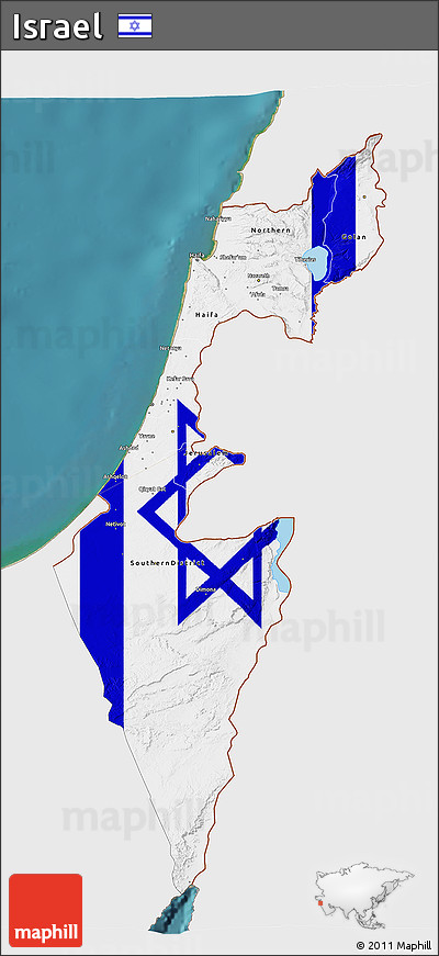 Flag 3D Map of Israel, single color outside, satellite sea, flag rotated