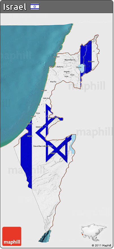 Flag 3D Map of Israel, single color outside, satellite sea, flag rotated