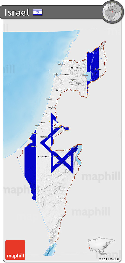 Flag 3D Map of Israel, single color outside, shaded relief sea, flag rotated